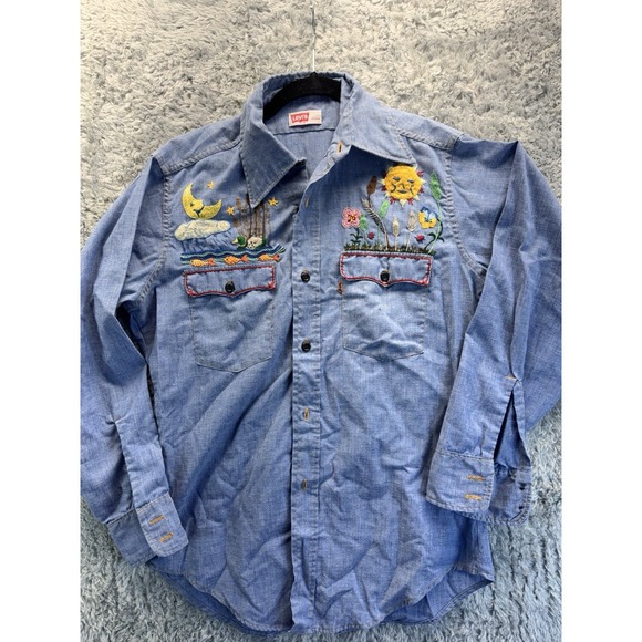 Vtg 70s Levi's Orange Tab Embroidered Chambray Shirt - Front & Back Floral Sun - Picture 12 of 12